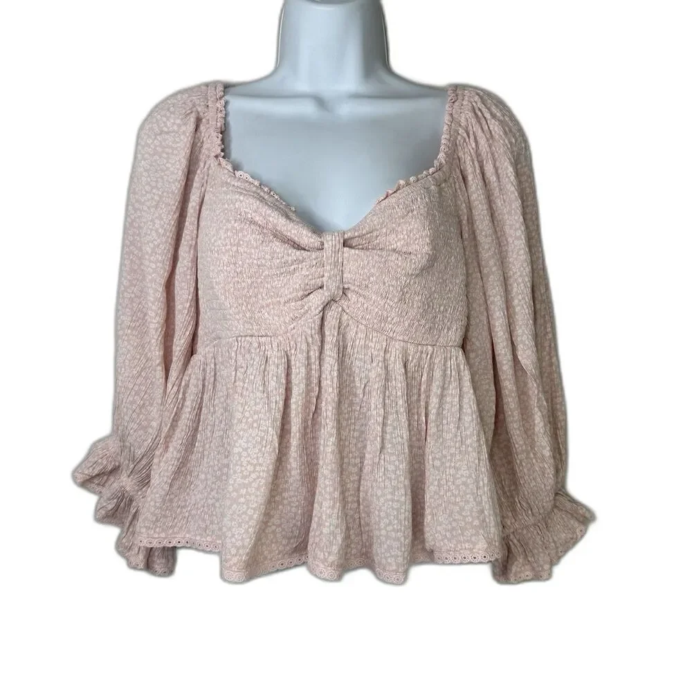 Free People Top Women Small Pink Brittnee Smocked Peplum Shirt Peasant Milkmaid
